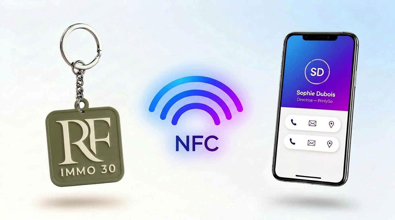 Porte-clé NFC PrintyGo connecté à un smartphone affichant une carte de visite digitale
